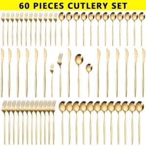 60pcs Stainless Steel Golden Cutlery Set, Dishwasher Safe,