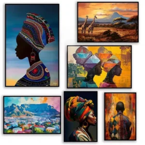 African Woman with Headwraps, African Landscape Art